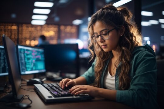 Girl programmer typing code on keyboard to develop program in office room