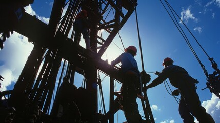 A team of workers replacing worn out parts on the machinery of an oil well.