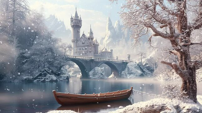 Majestic bridge spanning river, leading to snowy castle nestled in picturesque landscape
 Seamless looping 4k time-lapse virtual video animation background. Generated AI