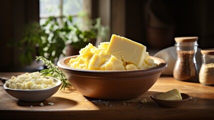 Freshly churned butter in a wooden bowl, rustic farm kitchen, warm light, copy space,