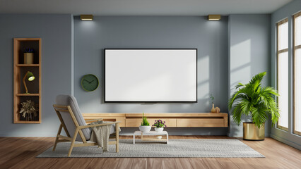 Pastel TV room with gray armchair and decoration accessory- 3D rendering