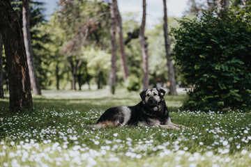 A beautiful German Shepherd lies calmly in a vibrant park surrounded by white daisies, capturing a moment of peace and natural beauty.