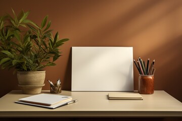 Modern office desk with blank document and pen, text space