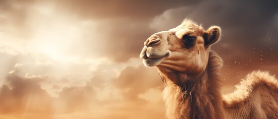 Calm camel on sandy background, warm tones, space for text