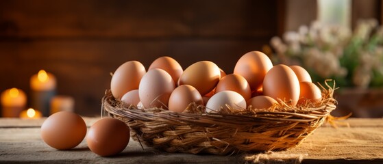 Freshly collected eggs in a wicker basket, rustic farm kitchen, soft light, copy space,
