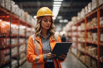Woman wearing hat and safety suit working in logistics distribution center warehouse while holding digital tablet