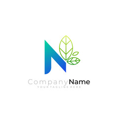 Letter N logo and leaf design nature, green color, simple logos