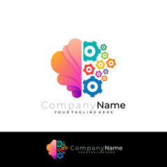Brain and machine gear logo, smart person logo, 3d colorful