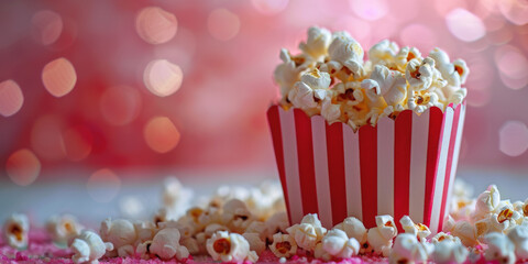 A striped red and white popcorn box full of popcorn, with loose kernels scattered around, against a pink sparkling bokeh background, suggesting a festive atmosphere.