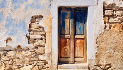 Old rustic building with weathered wooden shutters and broken door generated by AI