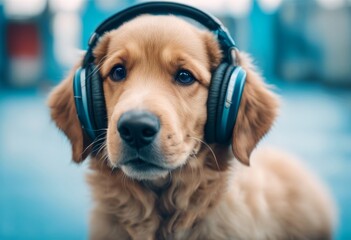 ai blue puppy happy generation background adphones labrador earphones dog animal pet listen cute mammal music sound cheerful funny relaxation podcast playlist wearing melody humor amusing