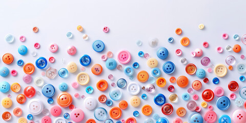 An assortment of colorful buttons scattered across a white surface, featuring various sizes, colors, and designs with some overlapping each other.