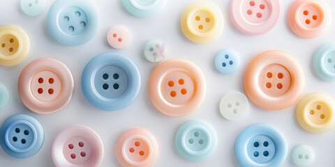 An assortment of pastel-colored buttons spread out against a white background, varying in size and shades of blue, pink, yellow, and white.