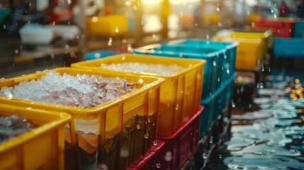 Icy containers holding seafood for market freshness
