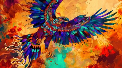 Bald Eagle, Drummer Boy, fantastical illustrations painted in a myriad of colors, traditional Navajo sand paintings, 4k