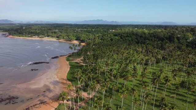 Establishing shot of Coqueiral de Aracruz beach. Aerial view flying sideways. Espirito Santo, Brazil.
