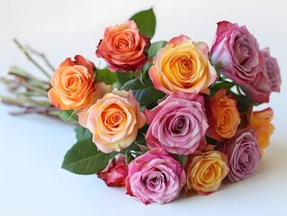 Enchanting Diversity: A Bouquet of Colorful Roses Popping Against a Pristine White Canvas