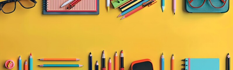Fototapeta premium School supplies and pencil case. Back to school concept on yellow background