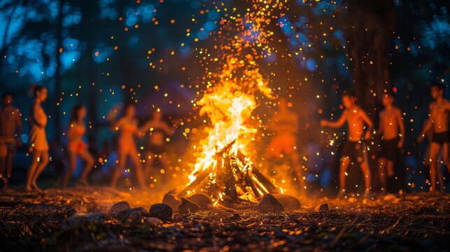 Energetic night dance around a vivid bonfire with blurred figures