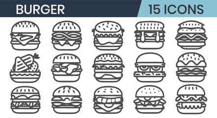 Set of 15 outline icons burger vector illustration