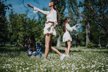 Fototapeta premium Three young girls experiencing joy and tranquility in a sunny park, surrounded by flowers and nature on a beautiful day.