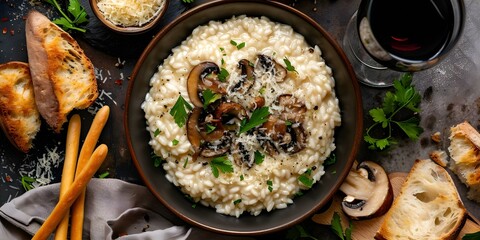 Indulgent Italian risotto with sautéed mushrooms, Parmesan breadsticks, and wine. Concept Italian Risotto, Sautéed Mushrooms, Parmesan Breadsticks, Wine Pairing, Fine Dining,