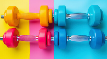 Obraz premium Four colorful dumbbells arranged in a symmetric pattern on a dual-tone yellow and blue background, representing fitness equipment in a vivid and graphic setting.