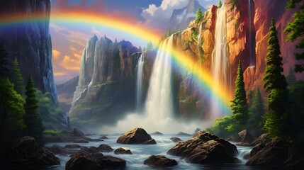 A stunning waterfall cascading down a glittering rockface, with a few rainbows arcing across the spray.