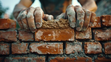 Hands building a brick wall in soft light, mortar being spread