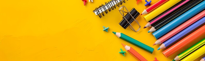School supplies and pencil case. Back to school concept on yellow background