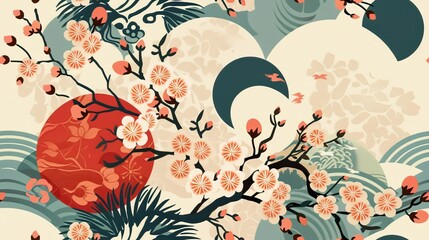 Japanese Cherry Blossom flower, bamboo, bonsai and wave object moderns in a vintage style Asian circle icon set 