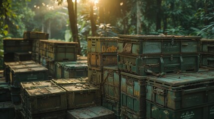 Aged army crates piled high near a forested area