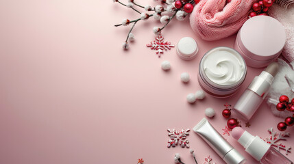 A selection of skincare products arranged with holiday decorations, including berries and snowflakes, on a pastel pink background, suggesting a festive beauty theme.