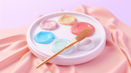 A digital illustration of a paint palette with pastel-colored paints and a brush, placed on a soft pink surface with a draped fabric background.