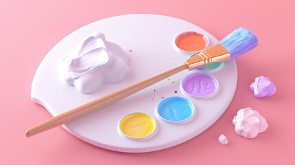 A palette with colorful paints and a paintbrush on a pink background, representing art supplies for painting; white, orange, purple, blue, and yellow colors are visible.