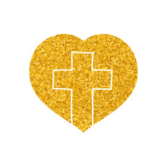 Christian cross inside heart shape drawing in gold color style