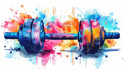 Colorful artistic representation of a barbell with weights in a vibrant splash of blue, red, and yellow paint strokes against a white background.