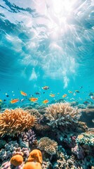 Obraz premium Reef awareness day background concept with copy space area for text. World Oceans Day and World Water Day. Beautiful sea background