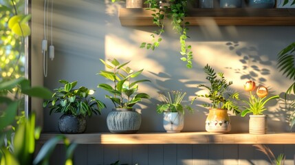 Indoor plant shelf with a mix of pots and greenery in a cozy setting