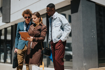 Young diverse team of professionals engaged in a business discussion outside a modern urban building, analyzing data on a digital tablet.