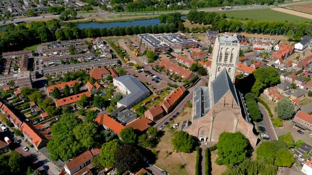 Aerial view of St. Catharijnekerk, St Catherine Church in the fortified city of Brielle, Netherlands.