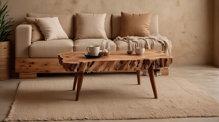 A close-up shot of the coffee table with beige colors vibes. Close up