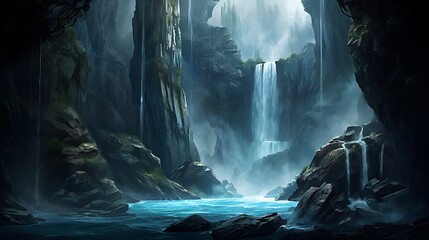 A dramatic waterfall plunging into a deep and mysterious chasm, with a few brave explorers peering into the depths.