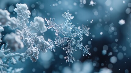 wallpaper close-up display of snowflakes with a dark blue background and transparent glass material