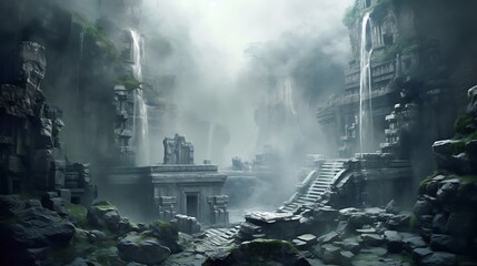 A mystical waterfall shrouded in mist and legend, with a few ancient ruins scattered about.