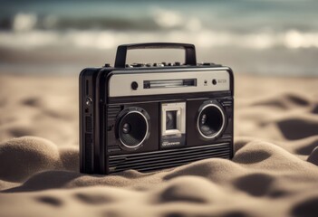 cassette portable recorder retro stereo beach 80s 90s art audio background colourful compact creative design drawing drawn electronic entertainment equipment flat contraption graphic