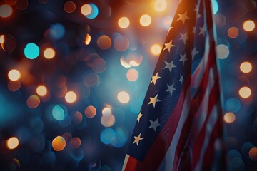 an american flag stands tall amidst a festive display of lights, with a white star adding a touch of elegance to the scene