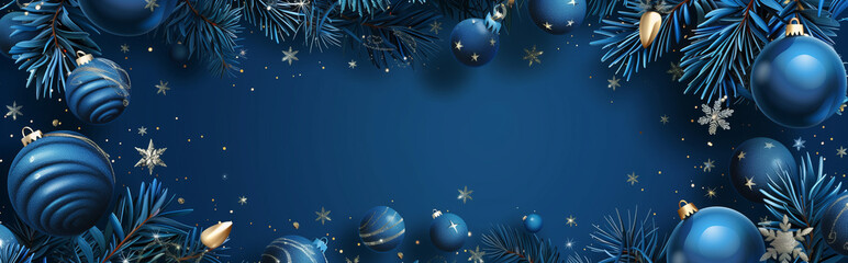 Blue Christmas and New Year background with fir branches. Perfect for festive greeting cards, banners, or promotional materials.