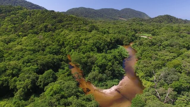 Aerial view of  Cubat&atilde;o River and Atlantic Forest in the Serra do Mar State Park - Barra do Una Beach, S&atilde;o Sebasti&atilde;o, S&atilde;o Paulo, Brazil