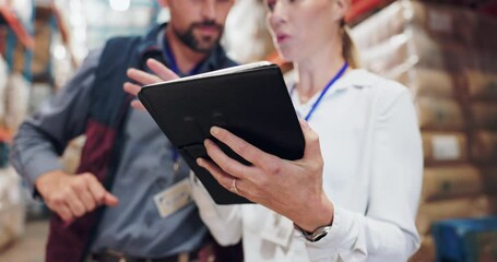 Logistics, tablet and industrial hands planning for warehouse, ecommerce or supply chain solution. Serious people on digital tech for teamwork, shipping or stock risk management with courier service